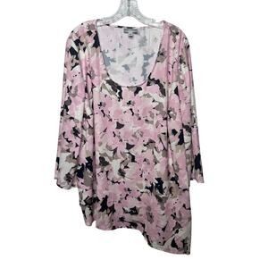 Catherines Top 2X Pink Beige Black Floral‎ Blouse Plus Size Lightweight Tunic